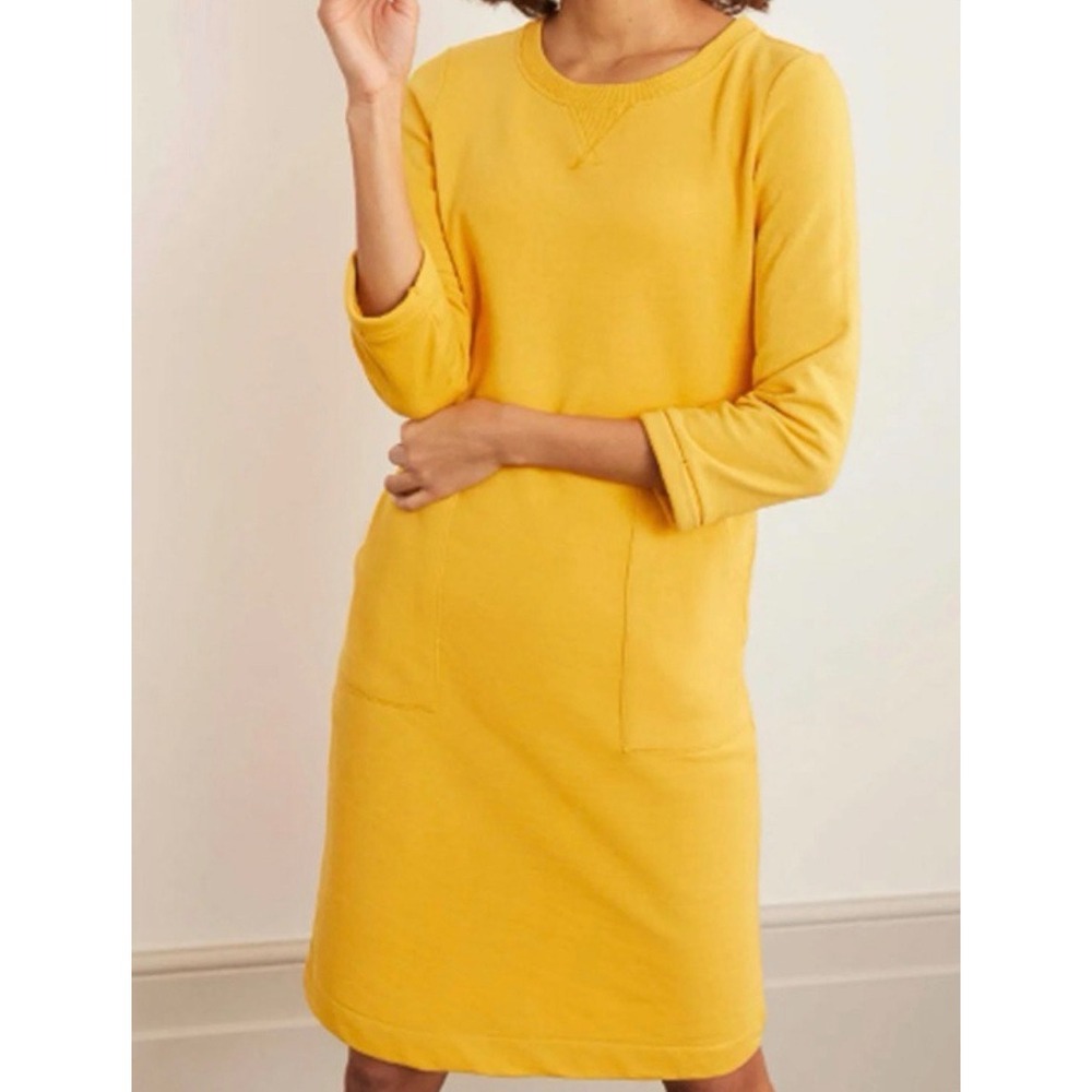 Boden Hannah Sweatshirt Shift Dress Mustard Yellow 3/4 Sleeve Pocket US 4R